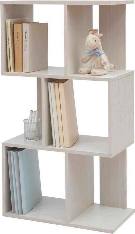 SRK Decoratieve boekenkast met 3 legplanken boekenkast in S-vorm Ontwerp Modulare kantoor kamer bibliotheek Display Shelf -W3 Witte eik