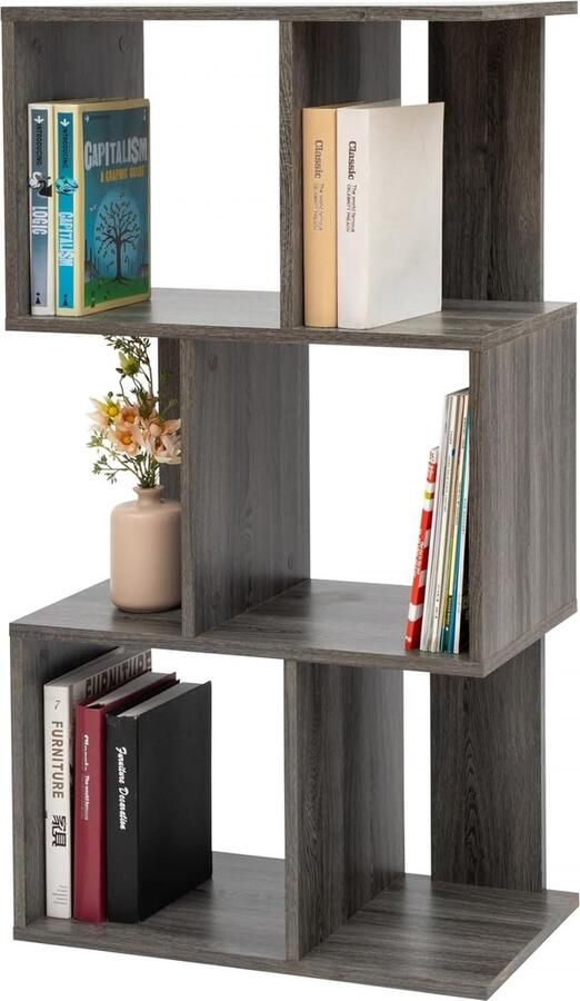 Decoratieve boekenkast met 3 legplanken boekenkast in S-vorm Ontwerp Modulare kantoor kamer bibliotheek Display Shelf SRK-W3 Grijs Eiken