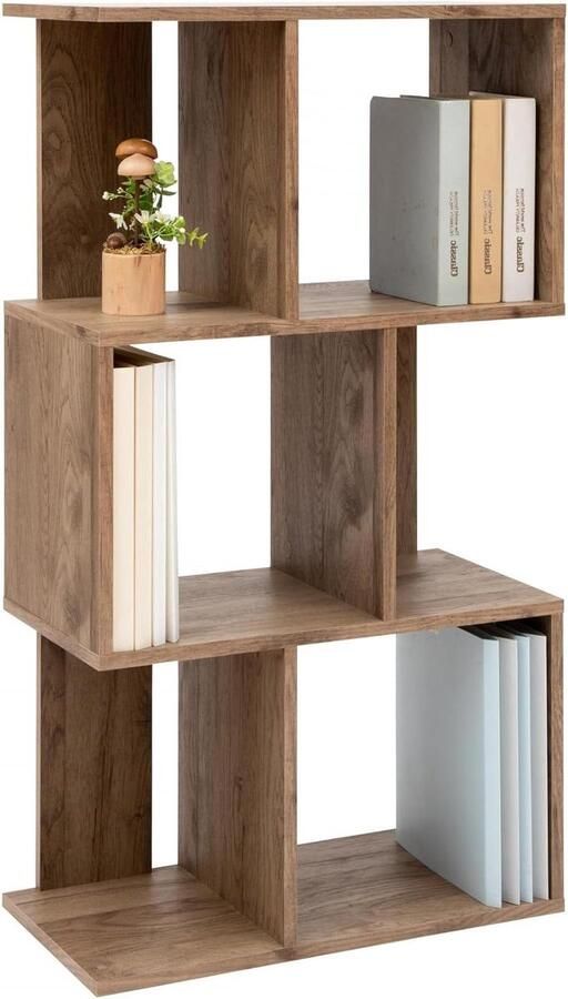 Decoratieve boekenkast met 3 planken S-vormige boekenplank Ontwerp Modulare kantoor kamer bibliotheek Display Shelf AsBruin