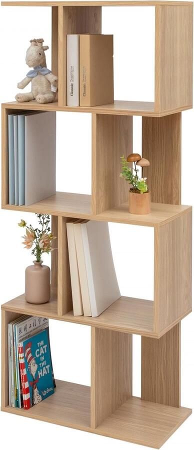 Decoratieve boekenkast met 4 legplanken boekenkast in S-vorm Ontwerp Modulare kantoor kamer bibliotheek Display Shelf SRK-W4 LichtBruin