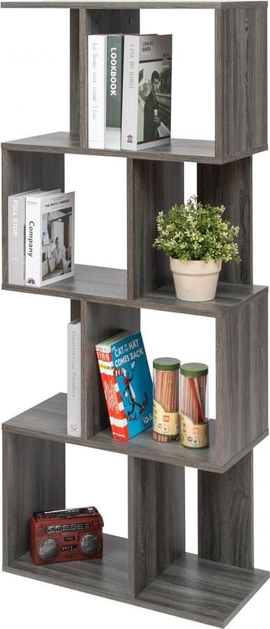 Decoratieve boekenkast met 4 legplanken boekenkast in S-vorm Ontwerp Modulare kantoor kamer bibliotheek Display Shelf SRK-W4 Grijs Eiken