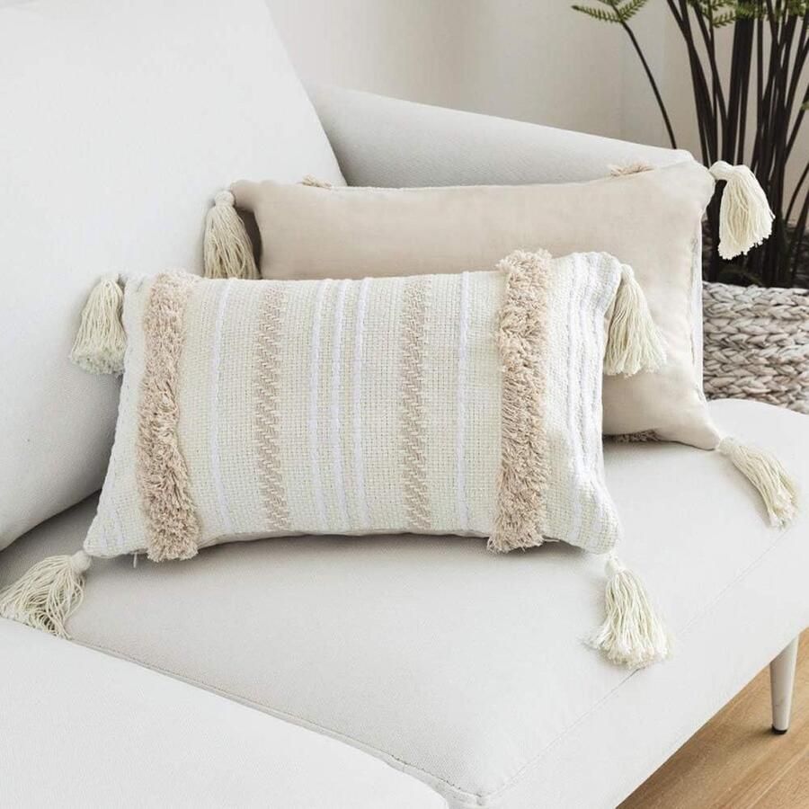 Boho sierkussensloop geweven getuft katoen met kwastjes Decoratief Beige 12 x 20 Geschikt voor bank slaapbank woonkamer kantoor auto 30x50 lendenkussen kussensloop 30x50