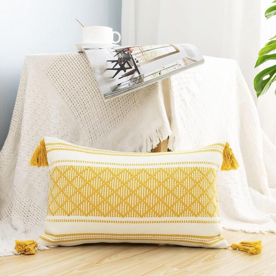 Decoratieve Boho Lumbale Kussenslopen met Kwastjes Geel 30 x 50 cm voor Bank en Woonkamer