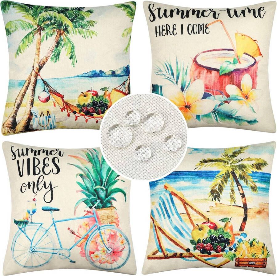 Decoratieve buitenkussenhoezen 45 x 45 cm 4 stuks zomerwaterdichte linnen kussenhoes zandstrand kokosnoot fietspatroon voor bank balkon terras tuin decoratief