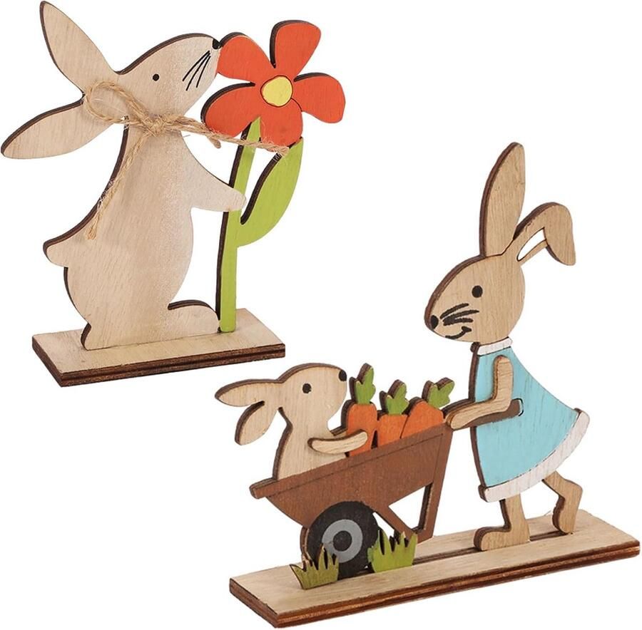 Decoratieve Display voor Pasen Houten Pasen Decoratie Houten Pasen Konijn Display voor Tafel Bureau Boekenplank Vensterbank 2 Stuks