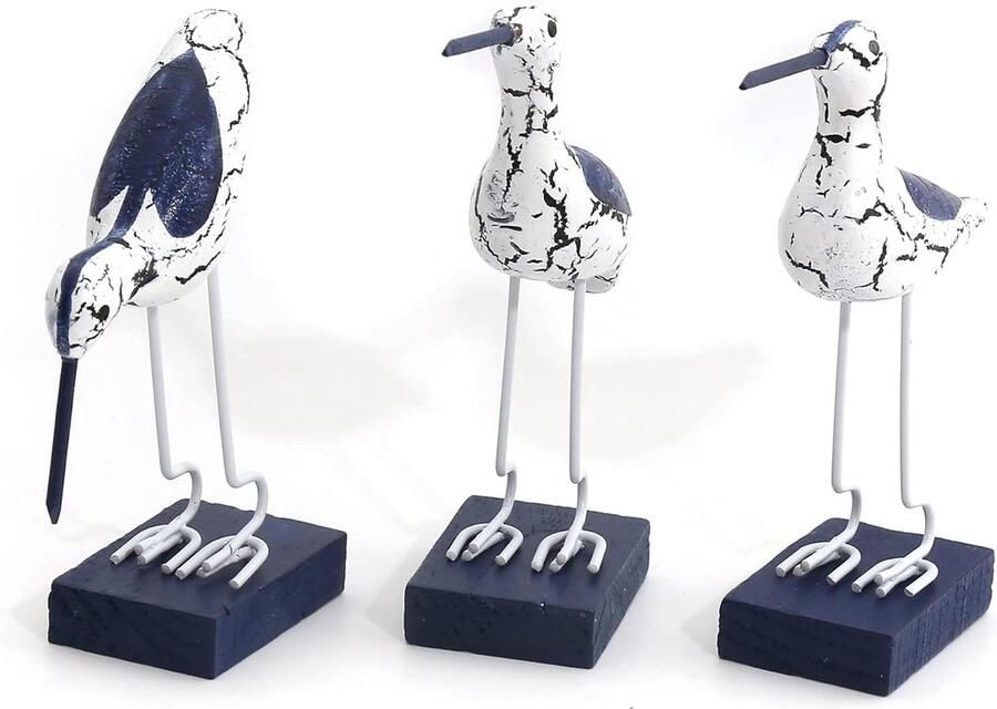 Decoratieve figuren set van 3 houten reigers staand wit blauw maritieme badkamer decoratie vogel mooie badkameraccessoires decoratie voor plank dressoir vensterbank
