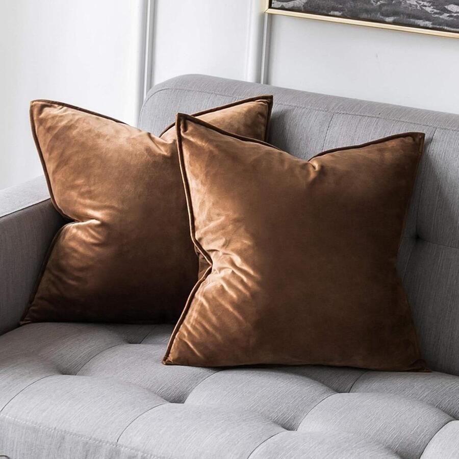 Decoratieve fluweelzachte kussenhoezen vierkant met onzichtbare rits woonkamer bank slaapkamer 50 x 50 cm set van 2 chocolade