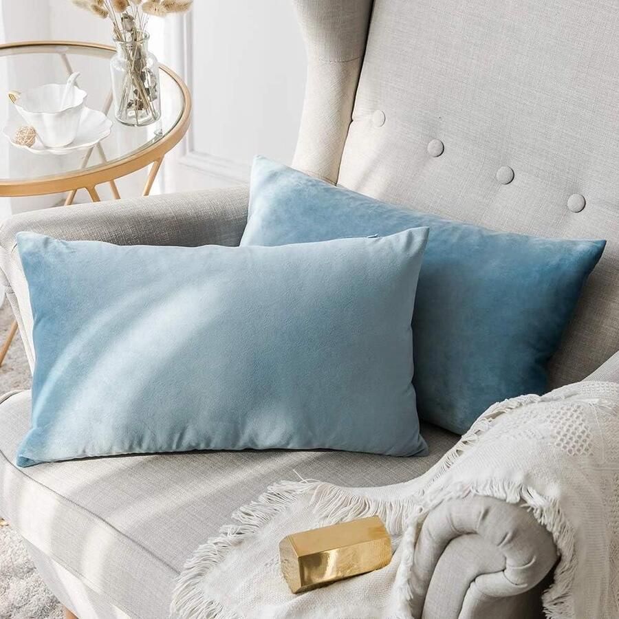Decoratieve fluweelzachte microvezel kussenhoes voor bank of slaapkamer met onzichtbare rits rechthoekig 30 x 50 cm set van 2 lichtblauw (Light Blue)