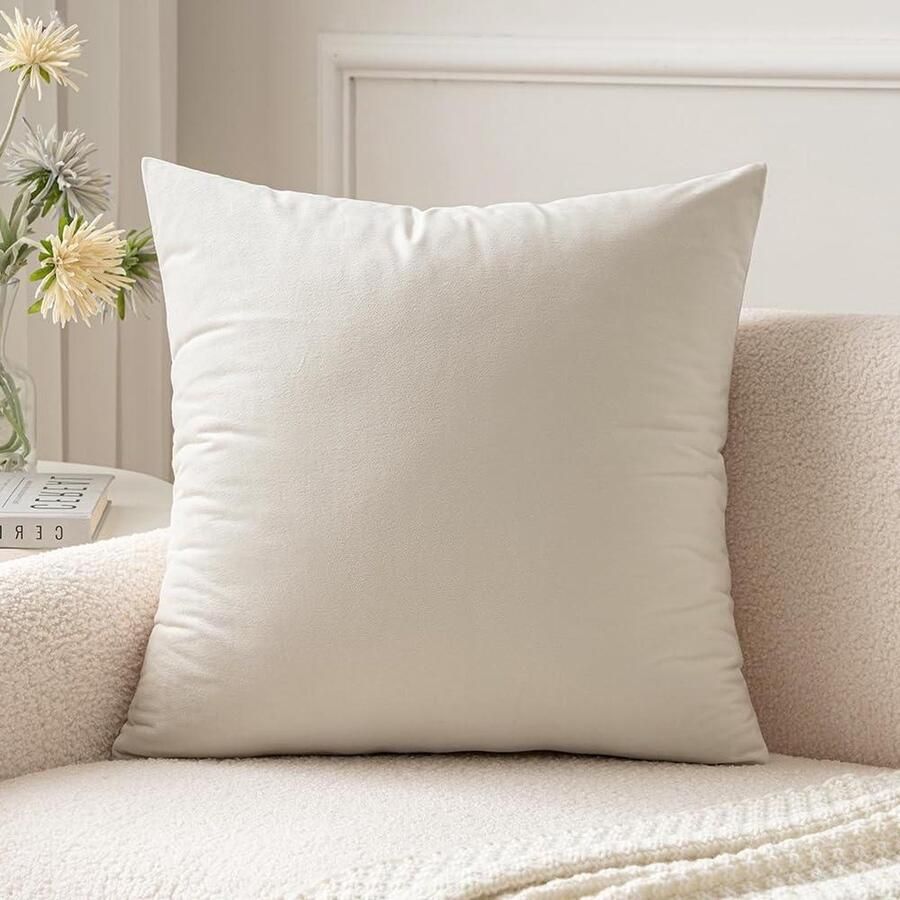 Decoratieve fluweelzachte vierkante kussensloop woonkamer bank slaapkamer onzichtbare rits 65 x 65 cm crèmewit (Milky)