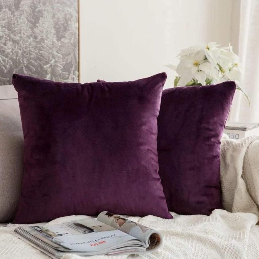 Decoratieve fluwelen kussenhoezen met onzichtbare rits vierkant 45 x 45 cm 2 stuks paars (Aubergine) voor bank of slaapkamer