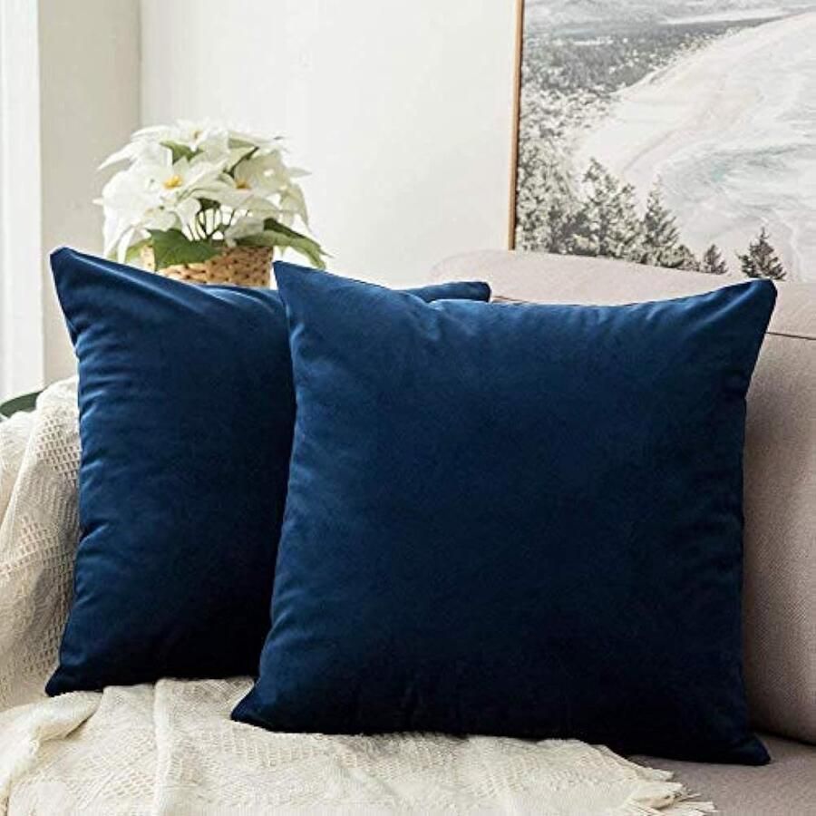 Decoratieve fluwelen kussenhoezen voor bank of slaapkamer met onzichtbare rits vierkant 45 x 45 cm 2 stuks marineblauw (Navy Blue)