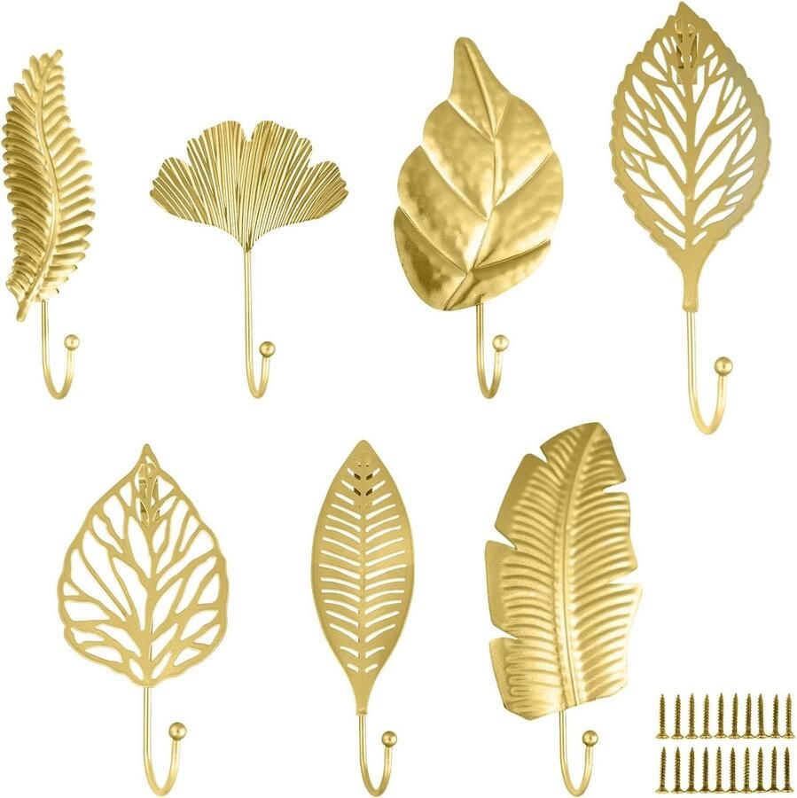 Decoratieve gouden garderobehaken 7 stuks met bladontwerp voor moderne styling