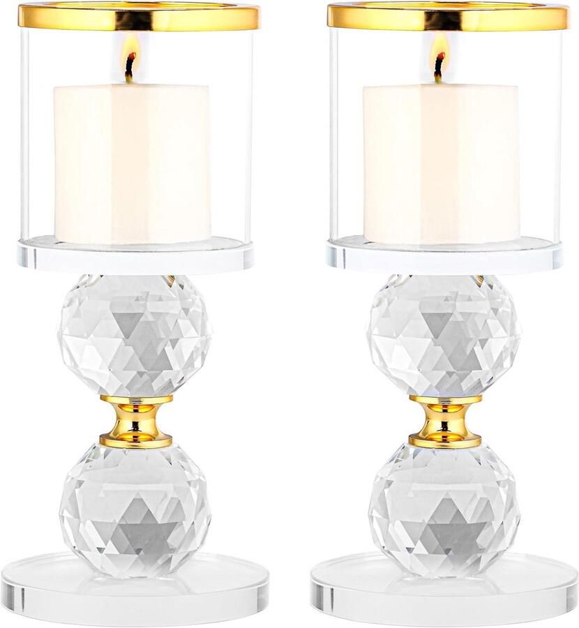 Decoratieve grote kristal gouden glazen kaarsen kandelaars set van 2 H15 5 doorzichtig taps-toelopende kaarshouders ornament voor huis bruiloft feest tafel & dinertafel