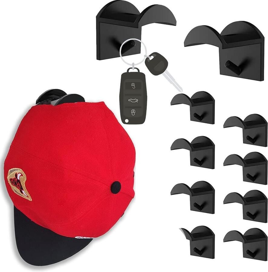 Decoratieve Hoedenstandaard voor Baseball Caps Hoedenhaak voor Muur Hoedenkettinghouder Hoedenhanger voor Hoedendisplay Hoedenorganizer voor Sjaal Riem Haarbanden Koptelefoon Zelfklevend Zonder Boren (10 Zwart)