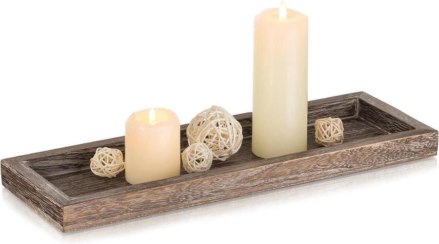 Decoratieve houten kaarsenbak 15 inch lange smalle houten lade kandelaar Rustieke boerderij kleine dienbladen voor salontafel Centerpieces eetkamer keuken aanrecht Bruine woondecoratie