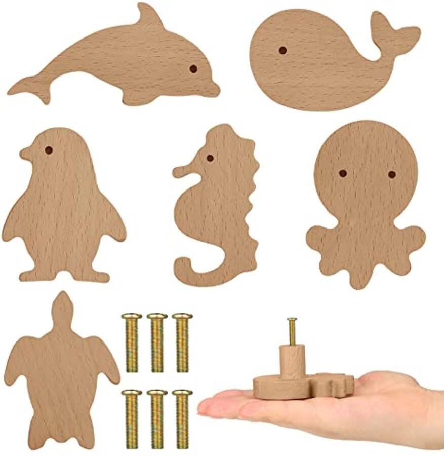 Decoratieve Houten Kastknoppen voor Kinderkamers Mariene Bosdieren Design Set van 6