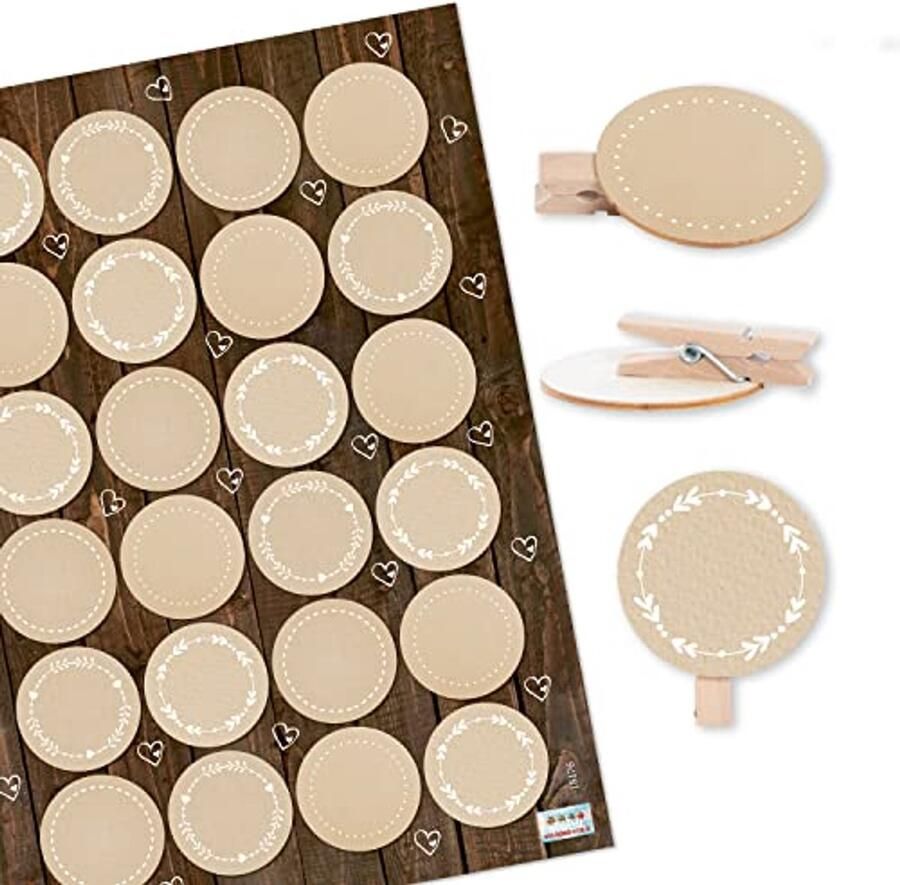 Decoratieve houten klemmen met blanco stickers voor tafeldecoratie