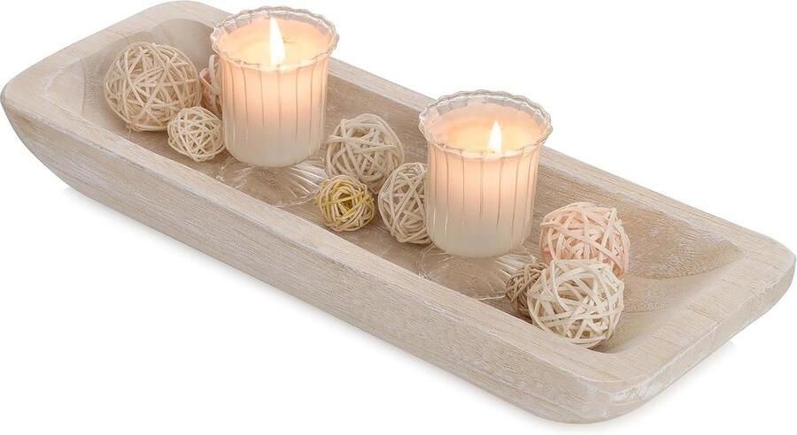 Decoratieve houten schaal langwerpig houten dienblad tafeldecoratie woonkamer eettafel salontafel