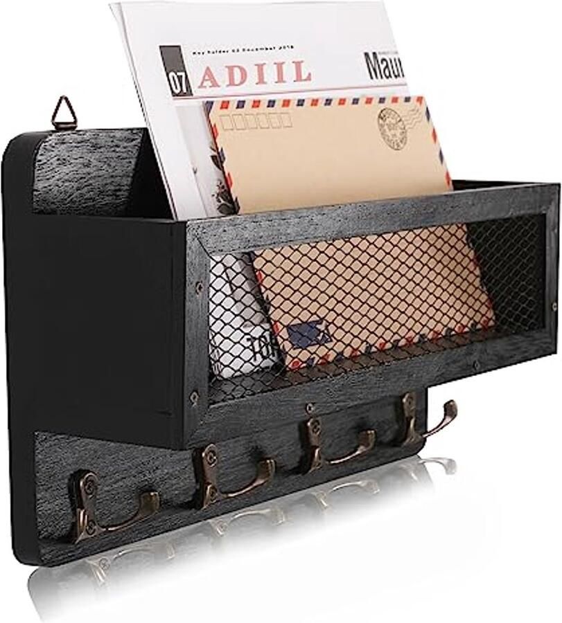 Decoratieve Houten Sleutelhouder met Plank en 4 Dubbele Haken voor Muur