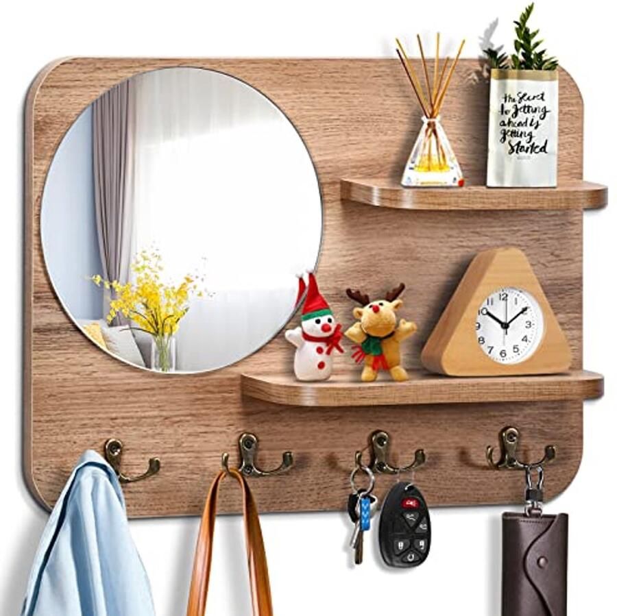 Decoratieve houten sleutelhouder met spiegel en 4 haken Perfecte organiser voor moderne en rustieke ingangen