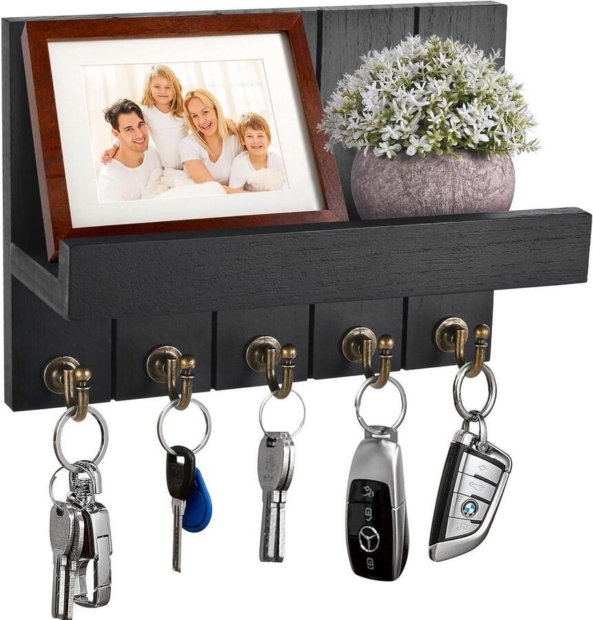 Decoratieve Houten Wandplank met 5 Sleutelhaken voor Hal Slaapkamer Woonkamer Zwart