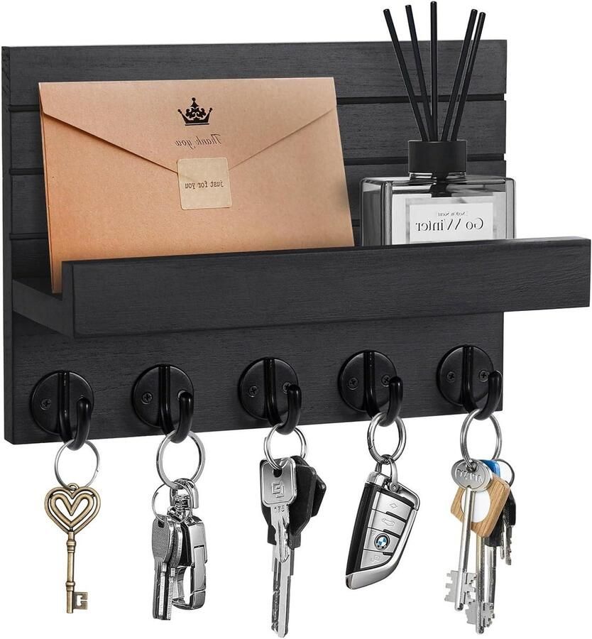 Decoratieve Houten Wandplank met Sleutelrek en 5 Haken Zwart Voor Hal Slaapkamer en Woonkamer