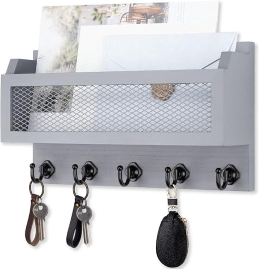 Decoratieve houten wandsleutelhouder met 5 haken en opbergplank voor entree