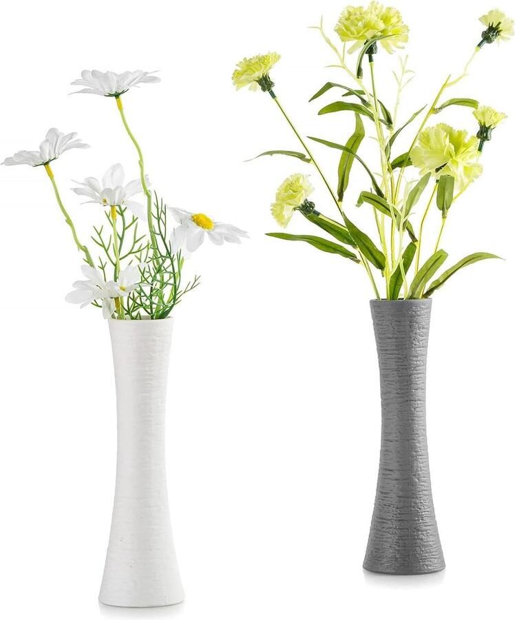 Decoratieve Keramische Small Bud Vazen Set van 2 Wit Grijs Enkele Bloemenvaas voor Woonkamer Eetkamer Tafel Middelpunt Decoratie
