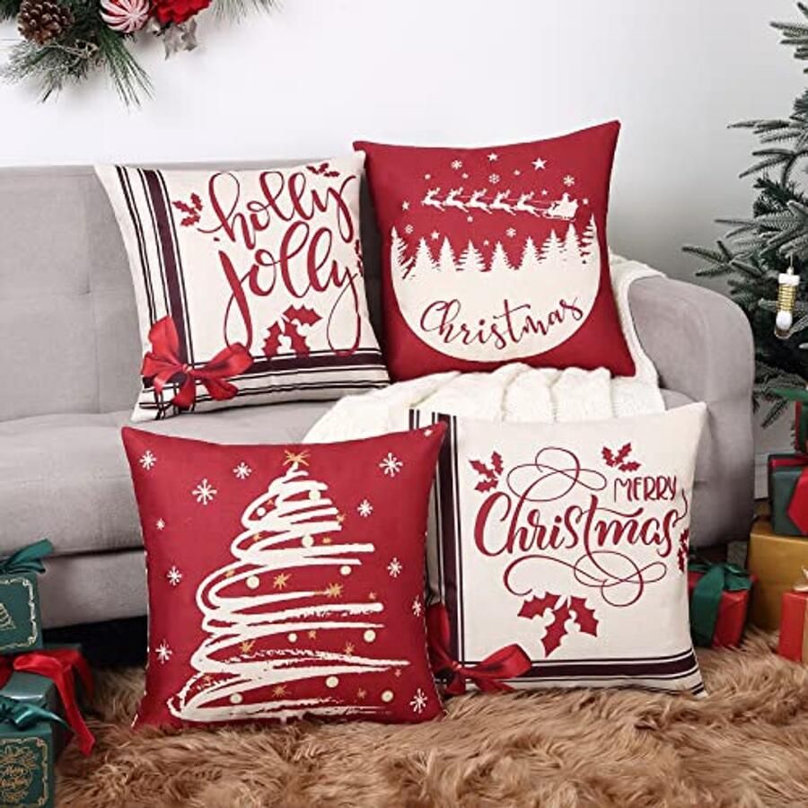 Decoratieve Kerstkussensloop Faux Linnen 45 x 45 cm Rode Kussensloop voor Bank en Woonkamer