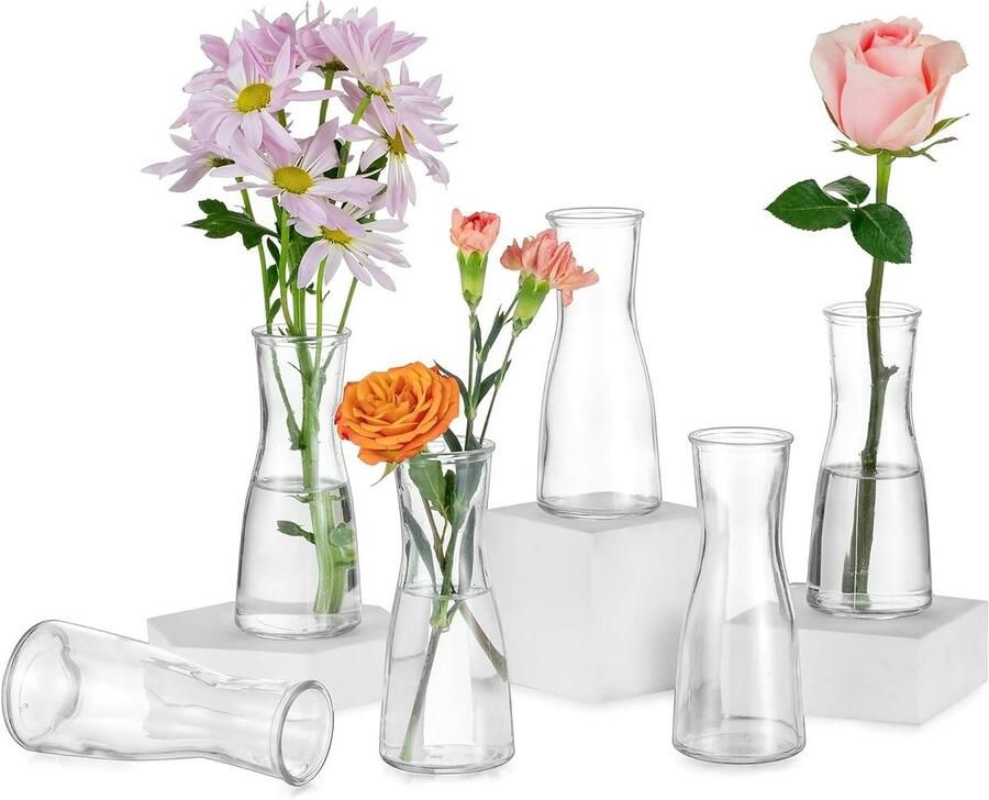 Decoratieve kleine vazen voor tafel Set van 6 glazen vaasjes voor tafeldecoratie bij bruiloft Moderne bloemenvaasjes voor smalle ruimtes met smaakvolle uitstraling