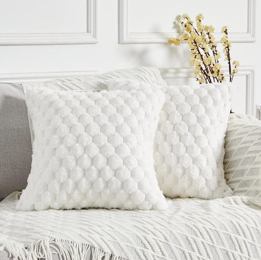 Decoratieve kunstbont witte sofa kussenslopen set van 2 40 cm x 40 cm zachte gezellige luxe effen vierkante kussenhoezen bank bed woonkamer - Foto 2
