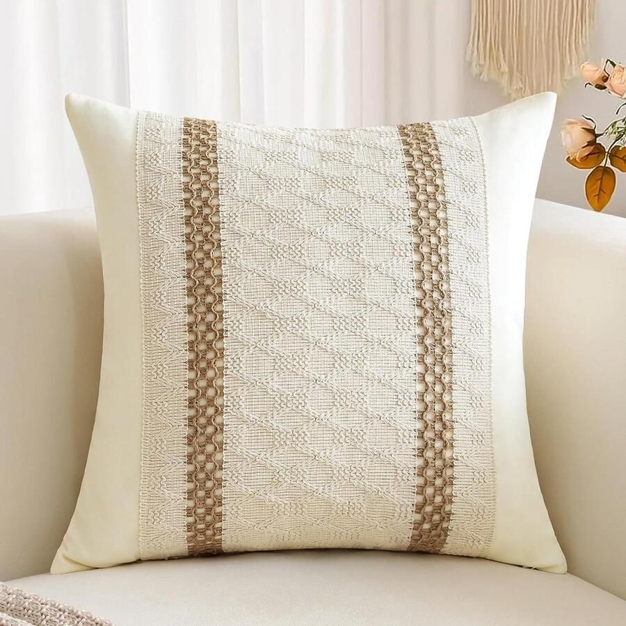 Decoratieve kussenhoes Boho stijl 60 x 60 cm katoen en jute gestreept Boheems boerderij sierkussensloop bank woonkamer dubbel gestreept 1 stuk kussenhoes 60x60