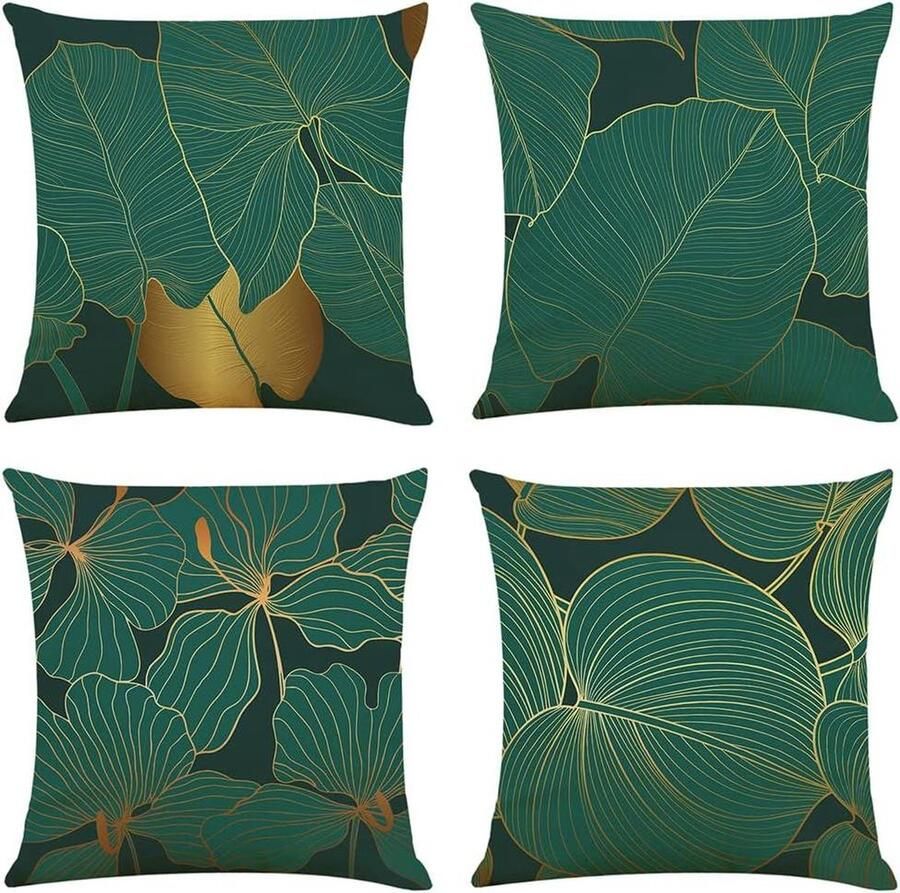 Decoratieve Kussenhoes Set Van 4 Donkergroen Goud Natuurlijk Landhuisstijl Linnen Kussenhoezen Slaapbank Woonkamer Bankkussen