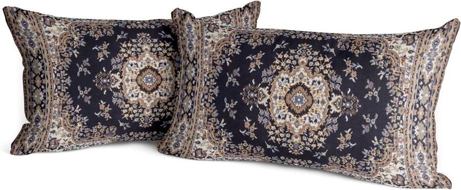 Decoratieve kussenhoezen 30 x 50 cm set van 2 sierkussens voor de bank Boheems tapijt marineblauw en rood geometrische bloemen landelijke woondecoratie (zwart goud)