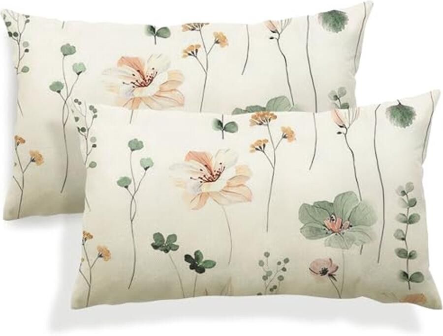 Decoratieve Kussenhoezen 30x50 cm – Set van 2 met Bloemen Aquarel Schilderij voor Slaapbank en Woonkamer