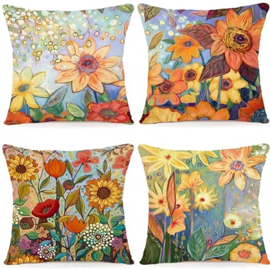 Decoratieve Kussenhoezen 45x45 Set van 4 Bloemen Aquarel Schilderij voor Bank en Slaapkamer