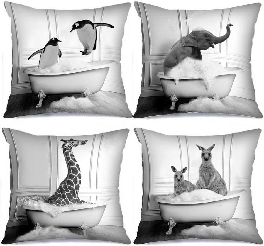Decoratieve Kussenhoezen Grappige Dieren 45 x 45 cm Set van 4 Olifant Pinguïn Kangoeroe Giraf Moderne Vierkante Kussenhoezen Bank Interieur Multi-12