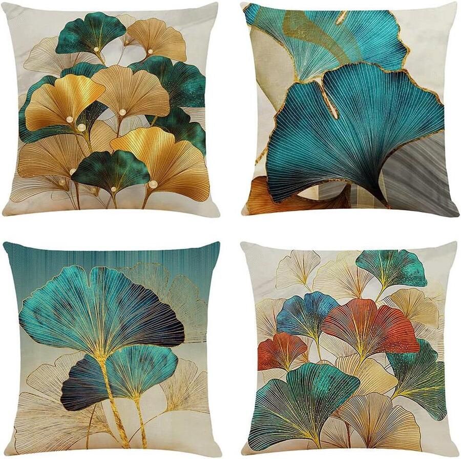 Decoratieve Kussenhoezen Luxe voor Slaapbank Set van 4 Turkoois Goud Linnen 45x45 cm