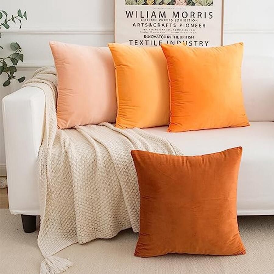 Decoratieve Kussenhoezen Set van 4 Premium Fluweel Zacht en Vierkant voor Bank Slaapkamer en Auto Oranje en Lichtoranje