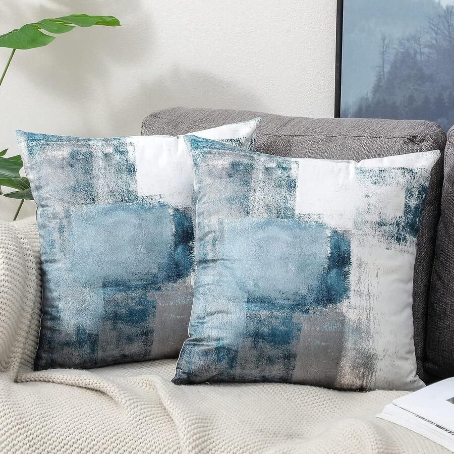 Decoratieve kussensloop 40 x 40 cm set van 2 fluwelen kussenslopen blauw bank landhuisstijl esthetisch sierkussen vierkant bankkussen outdoor kussen sierkussen