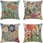 Decoratieve kussensloop ademend kussenhoes kleurrijk decoratief kussen sofakussen overtrek auto thuis bed kantoor café tuin outdoor 45 x 45 cm set van 4 (bonte bloemen 45 x 45 cm) - Thumbnail 2