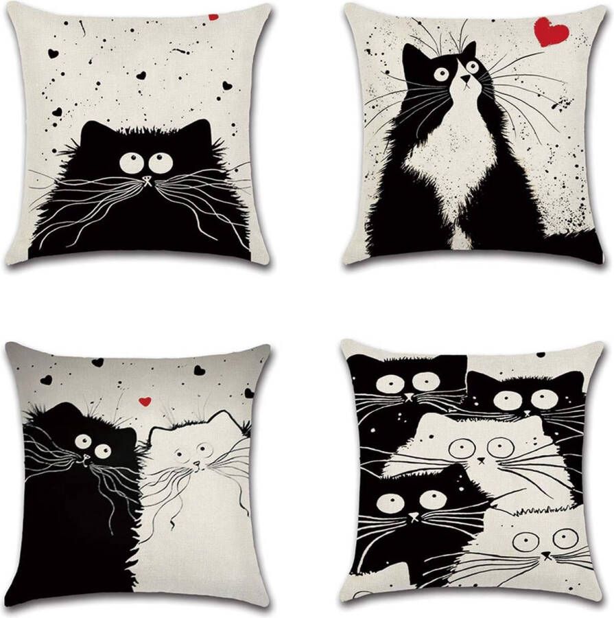 Decoratieve kussensloop set van 4 stuks kattenpatroon voor sofa bureau decoratieve kussenhoes van katoen en linnen 45 x 45 cm (kattenfamilie)