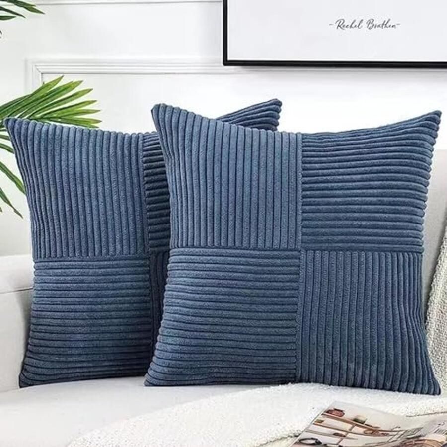 Decoratieve Kussenslopen 40 x 40 cm Set van 2 Corduroy Kussenhoezen in Denim Blauw voor Bank en Slaapkamer