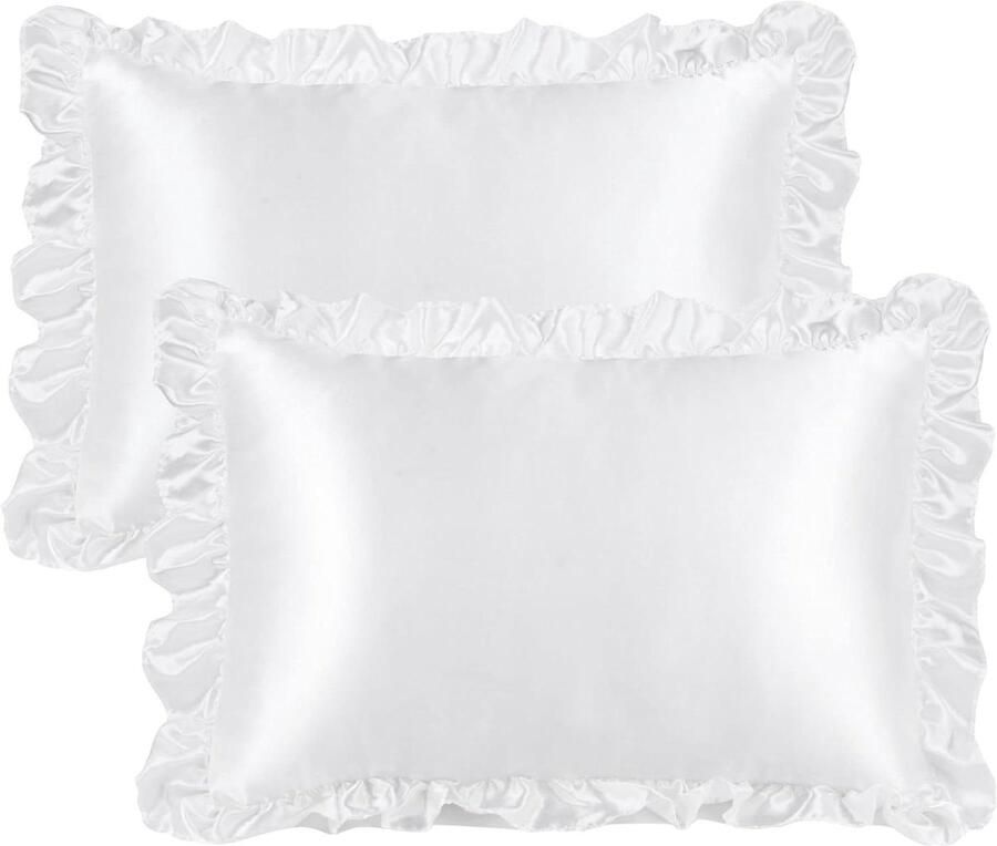 Kussenovertrek van satijn 2-delig set kussenslopen met ruches en hotelsluiting voor woonkamer slaapkamer bank wit 51 x 66 cm