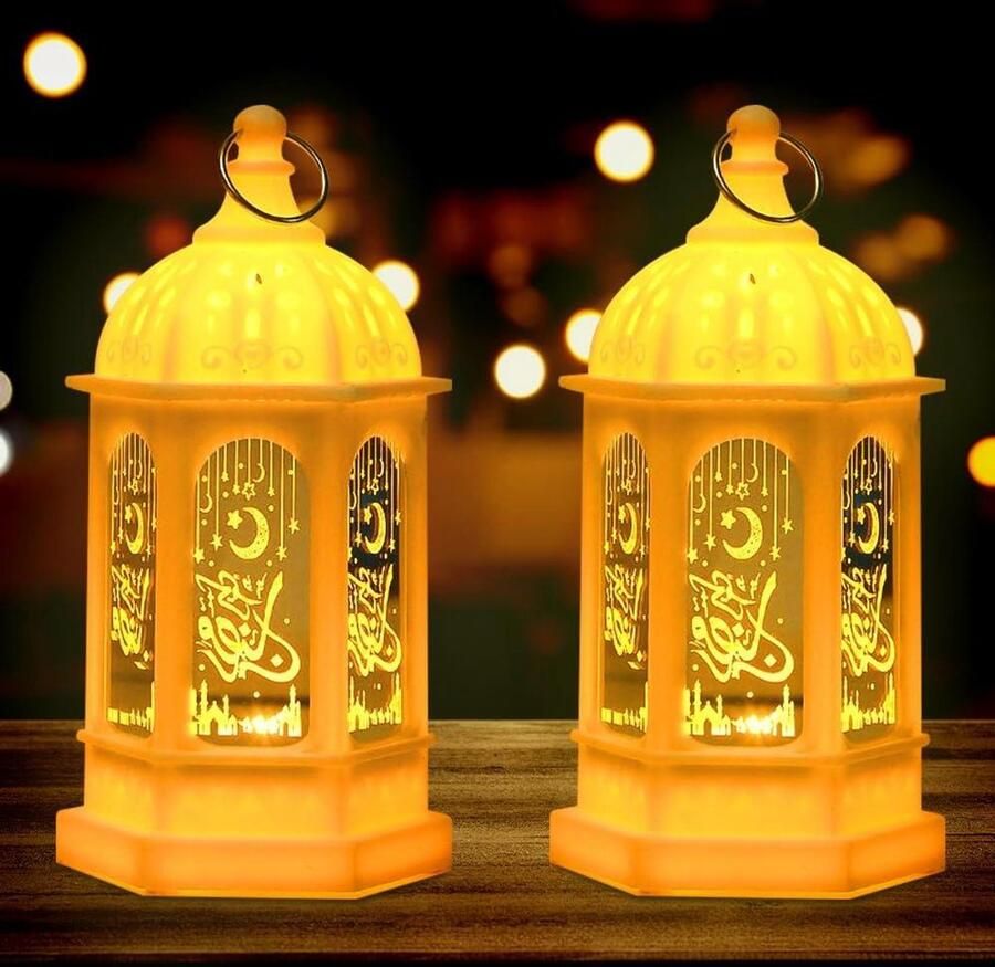 Decoratieve lamp voor Ramadan Set van 2 stuks voor Eid Mubarak viering Vintage lantaarn met maan en ster decoratie LED lichtketting voor moslimfestivals in Ramadan Sfeervolle Ramadan decoratie met traditionele uitstraling