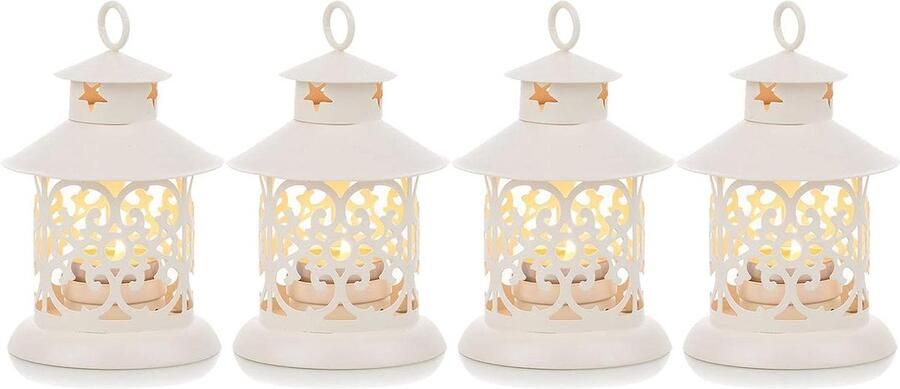 Decoratieve lantaarn voor theelicht kaarsen set van 4 vintage witte mini hangende lantaarns voor bruiloft decoratie tafelopzetstuk koffie eettafel plank buiten Kerstmis