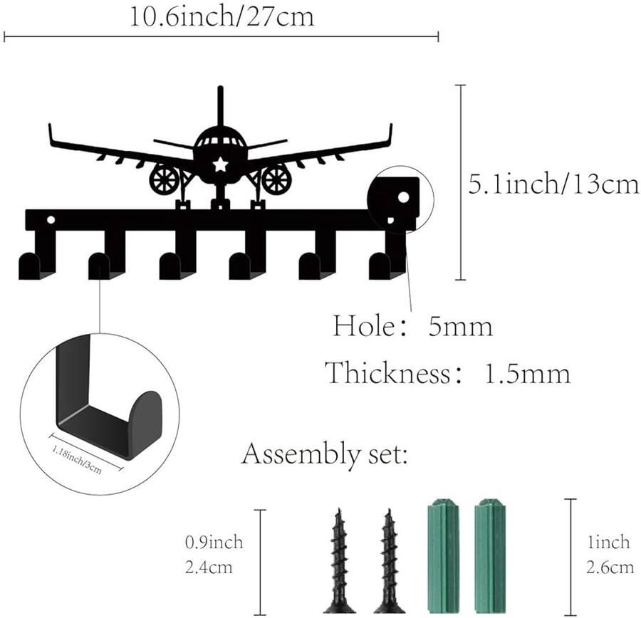Decoratieve metalen kapstokhaak zwart 6 haken vliegtuig ontwerp