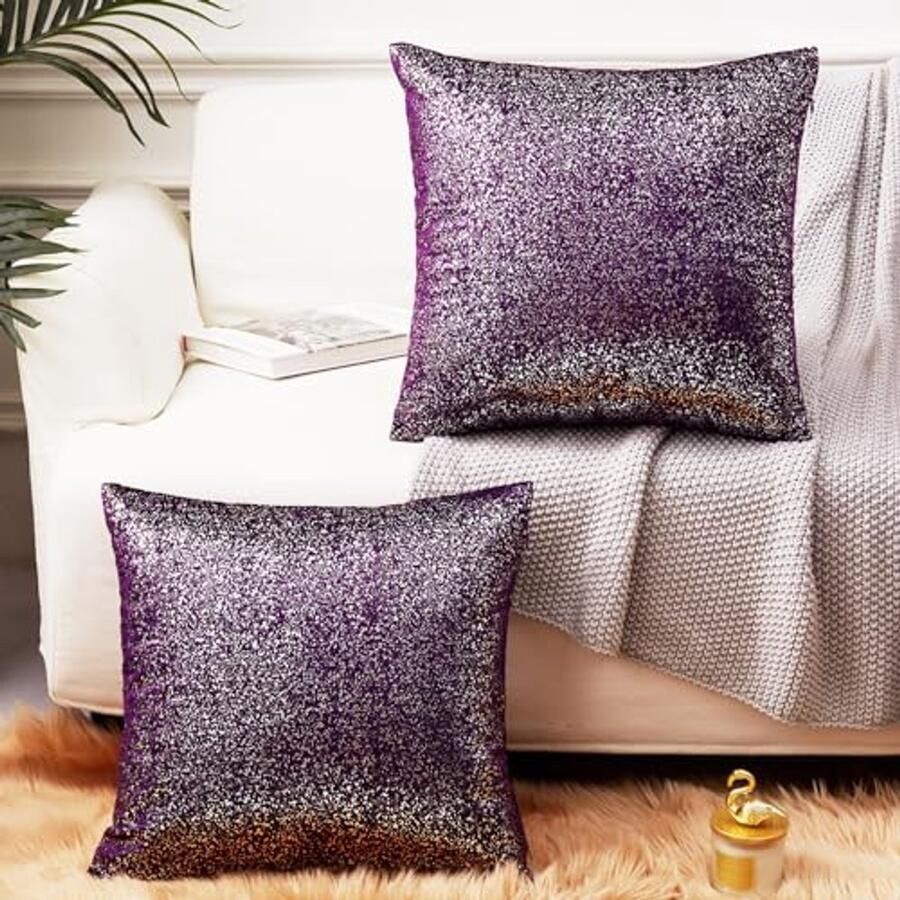 Decoratieve paarse en zilveren kussens voor bed en bank Accent kussens met fluwelen ritssluiting Lavendel en sprankelende sierkussens 22x22