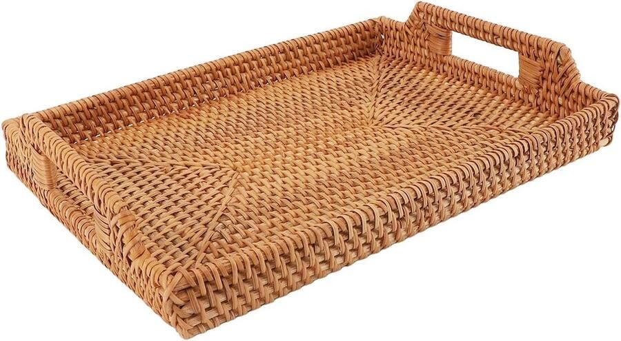 Decoratieve rechthoekige rieten opbergmand met handgrepen voor ontbijt drankjes snack eettafel organiseren