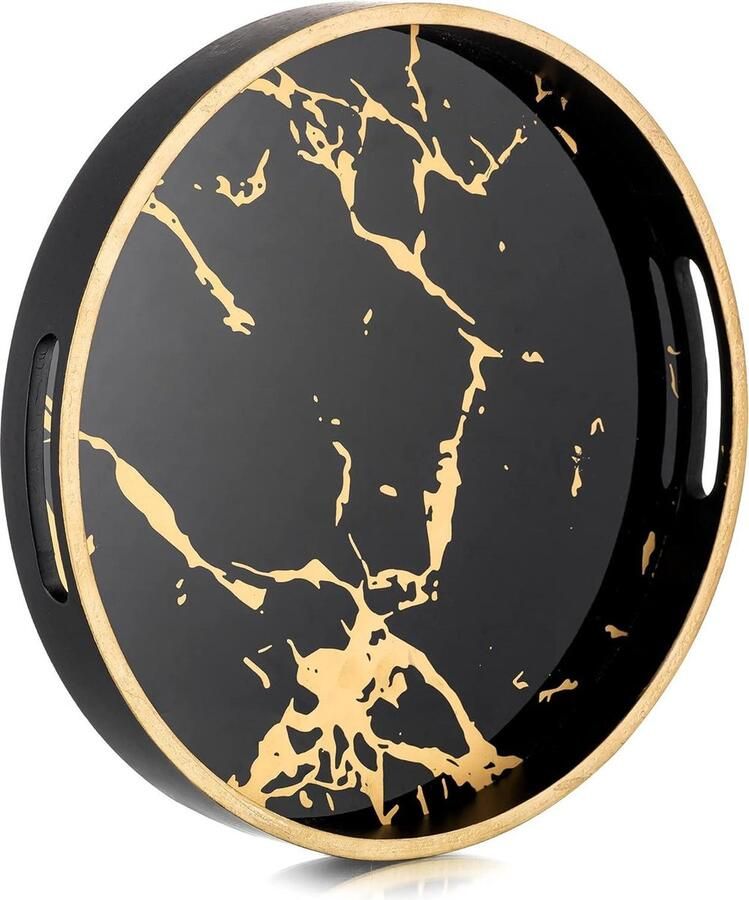 Decoratieve serveerlade met marmeren patroon en handvatten voor thuisbar Ronde koffieblad tray voor salontafel decoratie met woonkamer keuken feest zwart